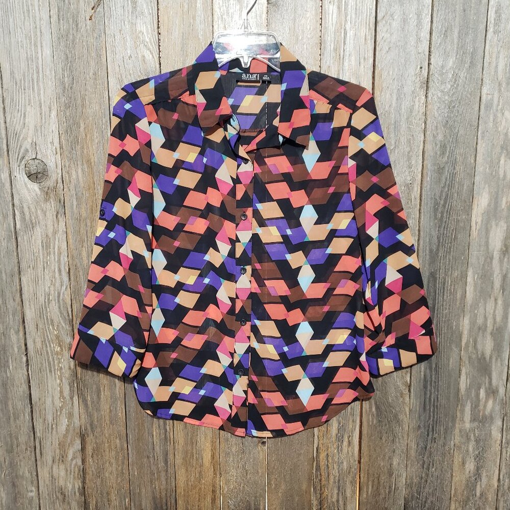 Ana PM MP Top Blouse Black Geometric Print Button Front‎ Sheer 3/4 Sleeve Petite
